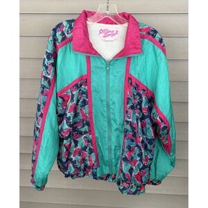 VINTAGE 80s 90s Shell Shock Windbreaker Jacket 2P Petite Pink Teal Abstract READ
